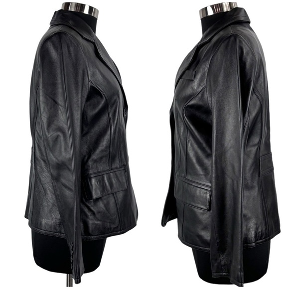 VINTAGE 90S RELATIVITY BLACK LEATHER NOTCHED COLLAR BUTTON DOWN BLAZER JACKET - Picture 6 of 14